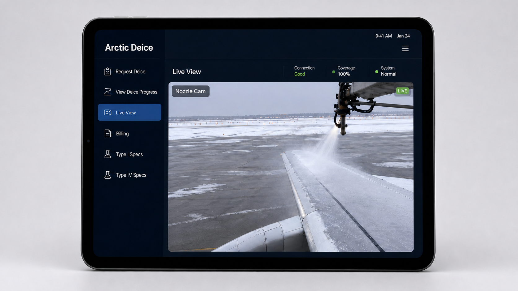 Arctic Deice app interface on tablet